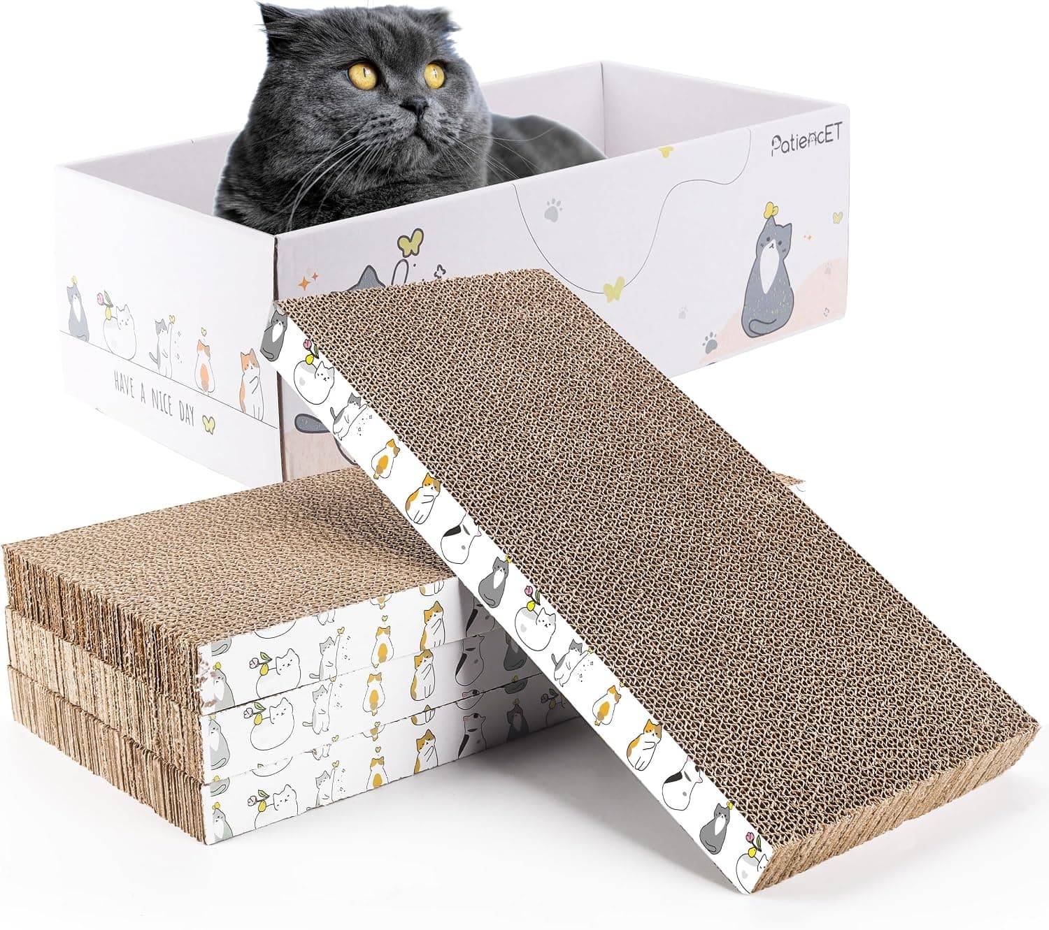 PatiencET Cat Scratch Pad with Box, 4 Pack Cardboard Scratcher Lounge Bed with Catnip